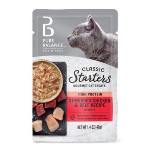 Pure Balance Classic Starters Gourmet Cat Treats, Shredded Chicken & Beef In Broth, 1.4 Oz, 5 Pack