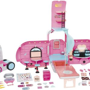 Fashion Camper Doll Playset with 55+ Surprises, Fully-Furnished with Light Up Pool, Water Slide, Bunk Beds, Cafe,