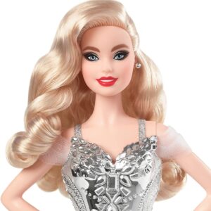 Barbie Signature 2021 Holiday Doll (12-inch, Blonde Wavy Hair) in Silver Gown, with Doll Stand