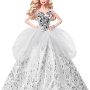 Barbie Signature 2021 Holiday Doll (12-inch, Blonde Wavy Hair) in Silver Gown, with Doll Stand